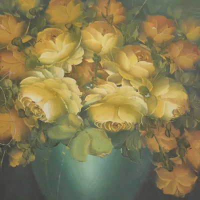 Sale Photo Thumbnail #342: Oil on Canvas still life flowers in planter Signed: REMERI original signed 
size: 56 x 28h Rolled and tubed to ship