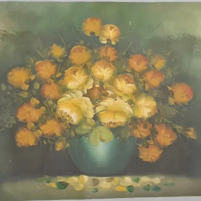 Sale Photo Thumbnail #339: Oil on Canvas still life flowers in planter Signed: REMERI original signed 
size: 56 x 28h Rolled and tubed to ship