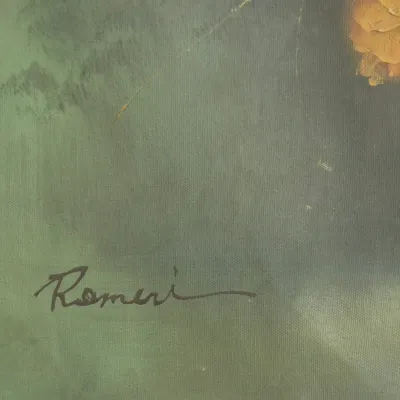 Sale Photo Thumbnail #343: Oil on Canvas still life flowers in planter Signed: REMERI original signed 
size: 56 x 28h Rolled and tubed to ship