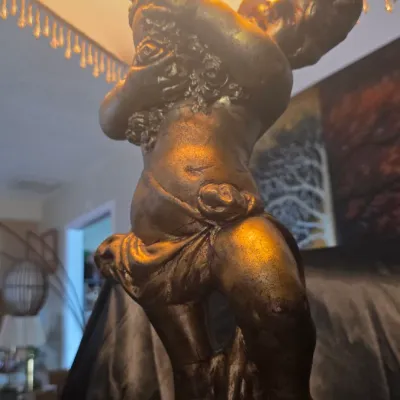 LOCAL PICKUP ONLY - Vintage Cherub Table Lamp with Beaded Fringe Shade 34" Tall Heavy Ceramic Accent Lamp