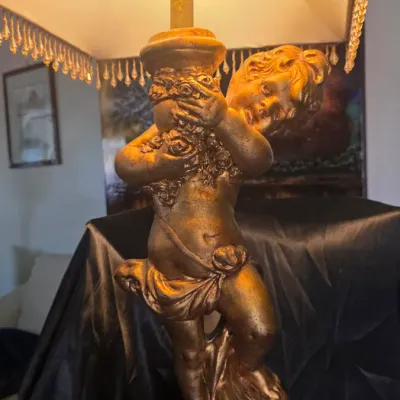 LOCAL PICKUP ONLY - Vintage Cherub Table Lamp with Beaded Fringe Shade 34" Tall Heavy Ceramic Accent Lamp