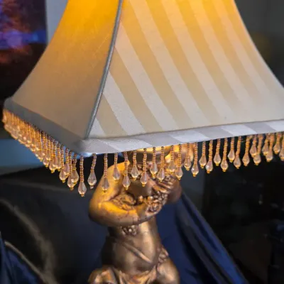 LOCAL PICKUP ONLY - Vintage Cherub Table Lamp with Beaded Fringe Shade 34" Tall Heavy Ceramic Accent Lamp