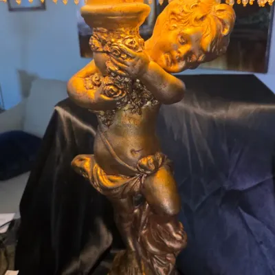 LOCAL PICKUP ONLY - Vintage Cherub Table Lamp with Beaded Fringe Shade 34" Tall Heavy Ceramic Accent Lamp