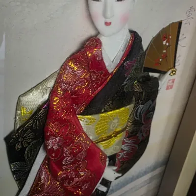 Vintage Japanese Oshie Geisha Shadow Box Silk Kimono Wall Art Framed