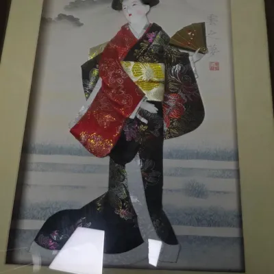 Vintage Japanese Oshie Geisha Shadow Box Silk Kimono Wall Art Framed