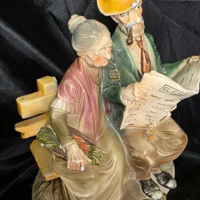 Vintage Napcoware Bisque Porcelain Elderly Couple Bench Figurine – Man Reading Newspaper