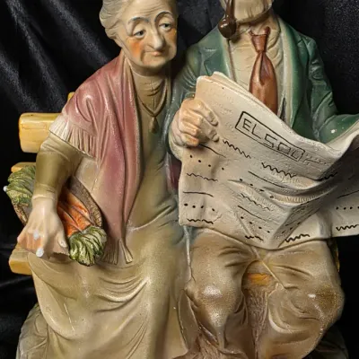 Vintage Napcoware Bisque Porcelain Elderly Couple Bench Figurine – Man Reading Newspaper
