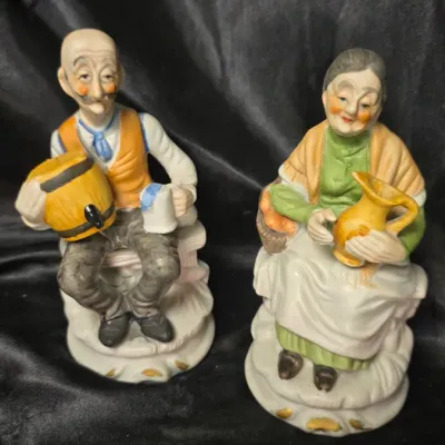 Vintage Hand-Painted Bisque Porcelain Elderly Couple Figurine Set – Peasant Man & Woman