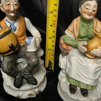Vintage Hand-Painted Bisque Porcelain Elderly Couple Figurine Set – Peasant Man & Woman