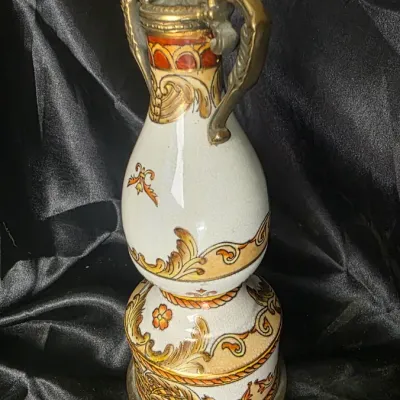 Toyo Ornate Crackle Glaze Porcelain Urn Vase With Brass Handles & Lid