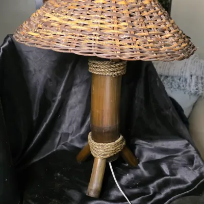 LOCAL ONLY - Vintage Mid Century Bamboo Tripod Lamp Rattan Woven Shade Coastal Boho