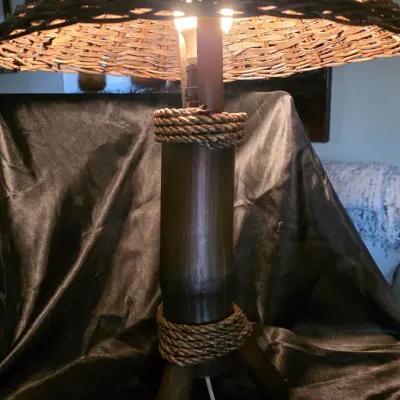 LOCAL ONLY - Vintage Mid Century Bamboo Tripod Lamp Rattan Woven Shade Coastal Boho