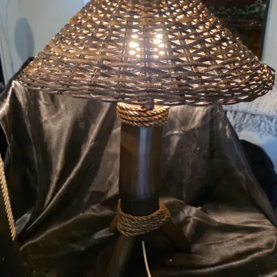 LOCAL ONLY - Vintage Mid Century Bamboo Tripod Lamp Rattan Woven Shade Coastal Boho