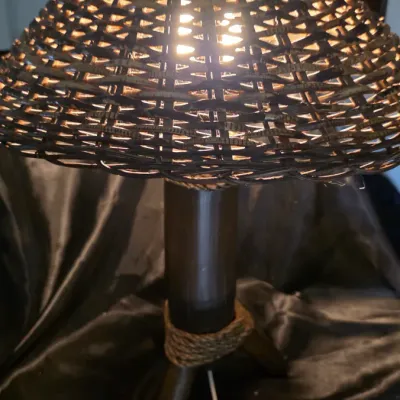 LOCAL ONLY - Vintage Mid Century Bamboo Tripod Lamp Rattan Woven Shade Coastal Boho