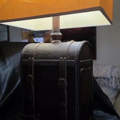 LOCAL ONLY - Vintage Steamer Trunk Table Lamp Faux Leather Travel Chest Base Rectangular Shade