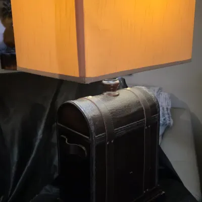 LOCAL ONLY - Vintage Steamer Trunk Table Lamp Faux Leather Travel Chest Base Rectangular Shade