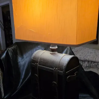 LOCAL ONLY - Vintage Steamer Trunk Table Lamp Faux Leather Travel Chest Base Rectangular Shade