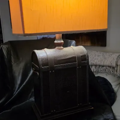 LOCAL ONLY - Vintage Steamer Trunk Table Lamp Faux Leather Travel Chest Base Rectangular Shade