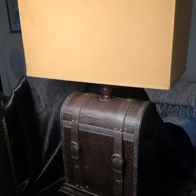 LOCAL ONLY - Vintage Steamer Trunk Table Lamp Faux Leather Travel Chest Base Rectangular Shade