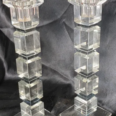 Vintage Pair of Clear Lucite Acrylic Candlestick Holders – Geometric Modern Art Deco Style