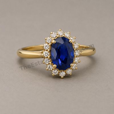 Sale Photo Thumbnail #2: Elegant yellow-gold cocktail ring featuring an oval deep-blue sapphire-style center stone surrounded by a halo of round diamond-style accent stones. The ring has a raised basket setting and polished tapered shoulders. Marked 14K inside the band; approxima