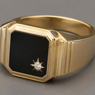 Sale Photo Thumbnail #3: Substantial men's yellow-gold signet ring set with a rectangular black onyx-style panel and a small round diamond-style accent. Stepped shoulders give the ring a classic mid-century appearance. Marked 10K; approximate ring size 10 and estimated gross weig