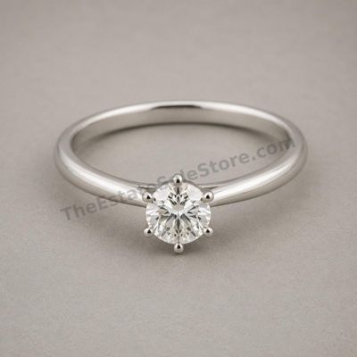 Sale Photo Thumbnail #7: Classic white-gold solitaire ring set with one round brilliant diamond-style stone in a six-prong mounting. Slender polished band and low, wearable profile. Marked 14K; approximate ring size 6.75 and estimated gross weight 2.7 grams. Very good cosmetic co
