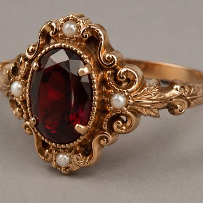 Sale Photo Thumbnail #10: Ornate Victorian Revival rose-gold ring centered by an oval deep-red garnet-style stone and accented with small seed pearls. Scrollwork, beaded borders, and engraved shoulders create an antique appearance. Marked 14K; approximate ring size 7.25 and estima