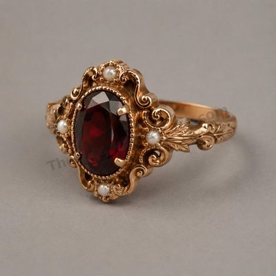 Sale Photo Thumbnail #9: Ornate Victorian Revival rose-gold ring centered by an oval deep-red garnet-style stone and accented with small seed pearls. Scrollwork, beaded borders, and engraved shoulders create an antique appearance. Marked 14K; approximate ring size 7.25 and estima