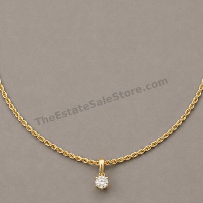 Sale Photo Thumbnail #18: Fine 18-inch yellow-gold rope chain with spring-ring clasp and a removable round solitaire diamond-style pendant. Chain and pendant are both marked 14K; estimated combined gross weight 3.9 grams. The pendant stone is approximately 5 mm in diameter. Good w
