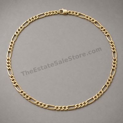 Sale Photo Thumbnail #40: Classic 22-inch yellow-gold Figaro-link chain with lobster clasp. Marked 14K; approximate width 4.5 mm and estimated gross weight 18.6 grams. Links show light scuffing and small areas of softened polish from previous wear, while the clasp closes securely.