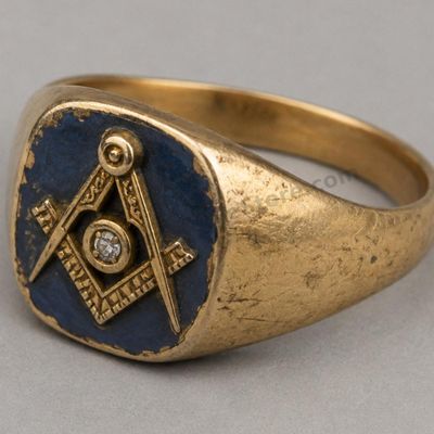 Sale Photo Thumbnail #44: Heavy yellow-gold men's ring with a dark blue enamel-style face displaying a raised square-and-compass motif and small diamond-style center accent. Marked 10K; approximate ring size 11.25 and estimated gross weight 9.8 grams. Noticeable scratches, softene