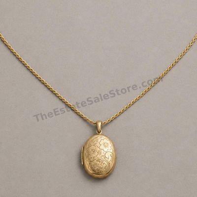 Sale Photo Thumbnail #68: Vintage-style yellow-gold oval locket with engraved floral decoration and space for two small photographs, suspended from a 20-inch rope chain. Locket and chain marked 14K; estimated combined gross weight 13.4 grams. Exterior shows light scratches, shallo