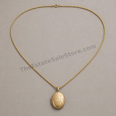Sale Photo Thumbnail #67: Vintage-style yellow-gold oval locket with engraved floral decoration and space for two small photographs, suspended from a 20-inch rope chain. Locket and chain marked 14K; estimated combined gross weight 13.4 grams. Exterior shows light scratches, shallo