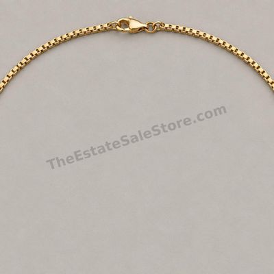 Sale Photo Thumbnail #77: Solid-feeling yellow-gold box-link necklace with lobster clasp, suitable for wearing alone or with a pendant. Approximate length 24 inches and width 2.5 mm; marked 14K; estimated gross weight 15.2 grams. Light scuffs and clasp wear are visible with no obv