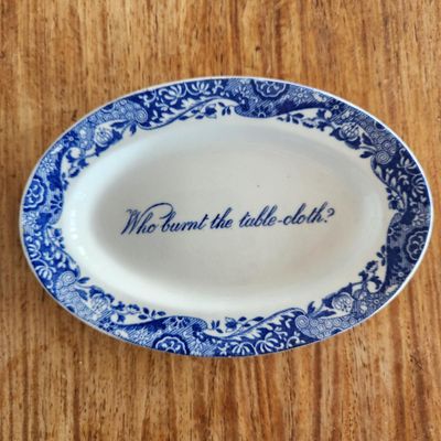 SPODE BLUE ITALIAN WHO BURNT THE TABLE-CLOTH DISH