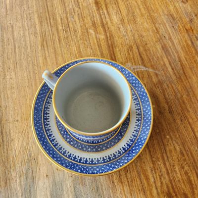 SPODE BLUE AND WHITE GOLD-TRIM DEMITASSE CUP AND SAUCER