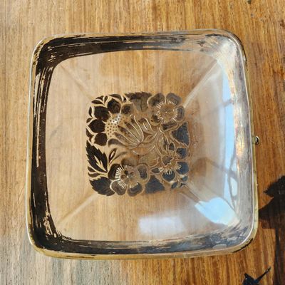 VINTAGE SQUARE GLASS FLORAL TRAY WITH METAL TRIM