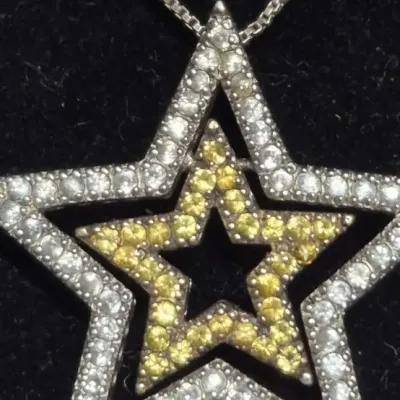 Sale Photo Thumbnail #345: Vintage double Star Pendant in Italy 925 curb chain & Rhinestone Bracelet tested sterling
> Star pendant and chain .....16" long
> Bracelet is 7.25" long
both brilliant and excl. condition