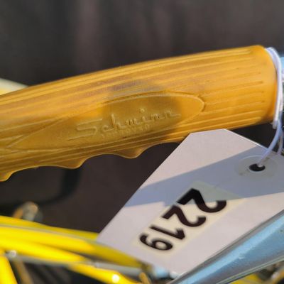 Sale Photo Thumbnail #23: Yellow Schwinn Sting-Ray Lemon Peeler Krate with 5-speed Stik-Shift, springer fork, Wide Tread rear tire, tall sissy bar,1990's reproduction yellow-and-white glitter banana seat, yellow grips and rear reflector. Attractive older frame repaint and decals, 