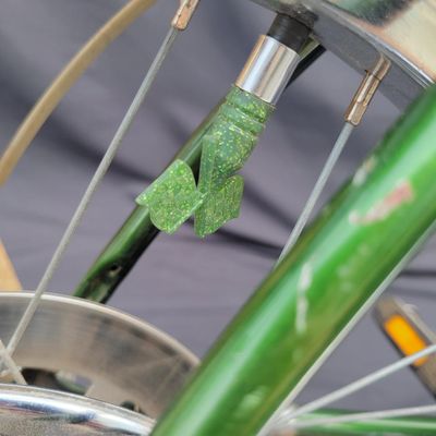 Sale Photo Thumbnail #44: Original Campus Green Schwinn Sting-Ray Pea Picker Krate with 5-speed Stik-Shift, springer fork, green banana seat and grips, tall sissy bar, Schwinn Sting-Ray speedometer/cyclometer and front lighting/reflector accessories. Also fitted with fun display a
