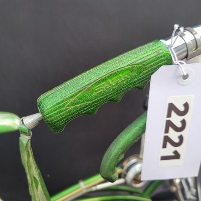 Sale Photo Thumbnail #45: Original Campus Green Schwinn Sting-Ray Pea Picker Krate with 5-speed Stik-Shift, springer fork, green banana seat and grips, tall sissy bar, Schwinn Sting-Ray speedometer/cyclometer and front lighting/reflector accessories. Also fitted with fun display a