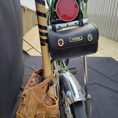 Sale Photo Thumbnail #51: Original Campus Green Schwinn Sting-Ray Pea Picker Krate with 5-speed Stik-Shift, springer fork, green banana seat and grips, tall sissy bar, Schwinn Sting-Ray speedometer/cyclometer and front lighting/reflector accessories. Also fitted with fun display a