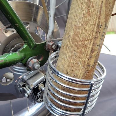Sale Photo Thumbnail #54: Original Campus Green Schwinn Sting-Ray Pea Picker Krate with 5-speed Stik-Shift, springer fork, green banana seat and grips, tall sissy bar, Schwinn Sting-Ray speedometer/cyclometer and front lighting/reflector accessories. Also fitted with fun display a