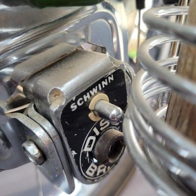 Sale Photo Thumbnail #55: Original Campus Green Schwinn Sting-Ray Pea Picker Krate with 5-speed Stik-Shift, springer fork, green banana seat and grips, tall sissy bar, Schwinn Sting-Ray speedometer/cyclometer and front lighting/reflector accessories. Also fitted with fun display a