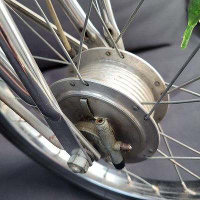 Sale Photo Thumbnail #43: Original Campus Green Schwinn Sting-Ray Pea Picker Krate with 5-speed Stik-Shift, springer fork, green banana seat and grips, tall sissy bar, Schwinn Sting-Ray speedometer/cyclometer and front lighting/reflector accessories. Also fitted with fun display a