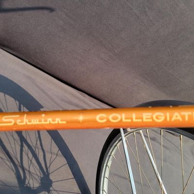Sale Photo Thumbnail #58: Orange/coppertone Schwinn Collegiate men's multi-speed with full chrome fenders, rear carrier, chainguard, rear reflector, Schwinn grips and brown/cream Schwinn Approved saddle. Largely complete with a great period look. Shows typical age including paint 