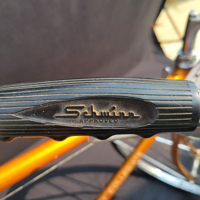 Sale Photo Thumbnail #61: Orange/coppertone Schwinn Collegiate men's multi-speed with full chrome fenders, rear carrier, chainguard, rear reflector, Schwinn grips and brown/cream Schwinn Approved saddle. Largely complete with a great period look. Shows typical age including paint 