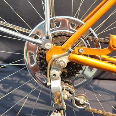 Sale Photo Thumbnail #60: Orange/coppertone Schwinn Collegiate men's multi-speed with full chrome fenders, rear carrier, chainguard, rear reflector, Schwinn grips and brown/cream Schwinn Approved saddle. Largely complete with a great period look. Shows typical age including paint 