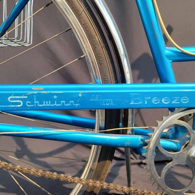 Sale Photo Thumbnail #71: Blue Schwinn Breeze women's 3-speed with full fenders, chainguard, oversized rear/side wire baskets, speedometer, bell, front reflector panel and rear reflector. The black saddle is a later replacement. Complete utility-style bicycle with plenty of vintag